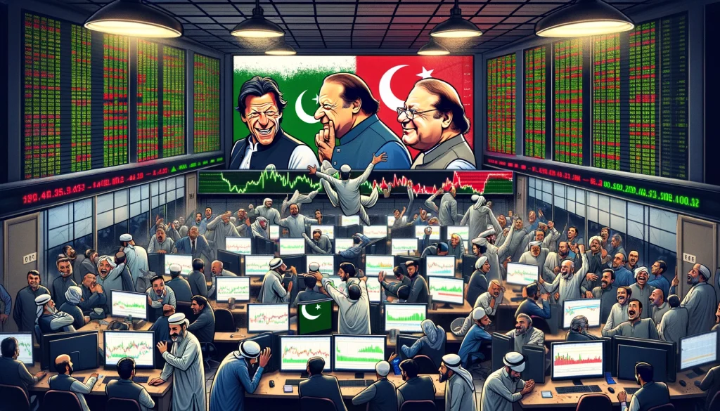 Here is the image depicting the Pakistan stock market as it is impacted by the 2024 Pakistan elections, featuring a representation of the competition between Imran Khan and the Nawaz Sharif family. The scene captures the atmosphere in a stock exchange room with reactions to the election's impact on the market.