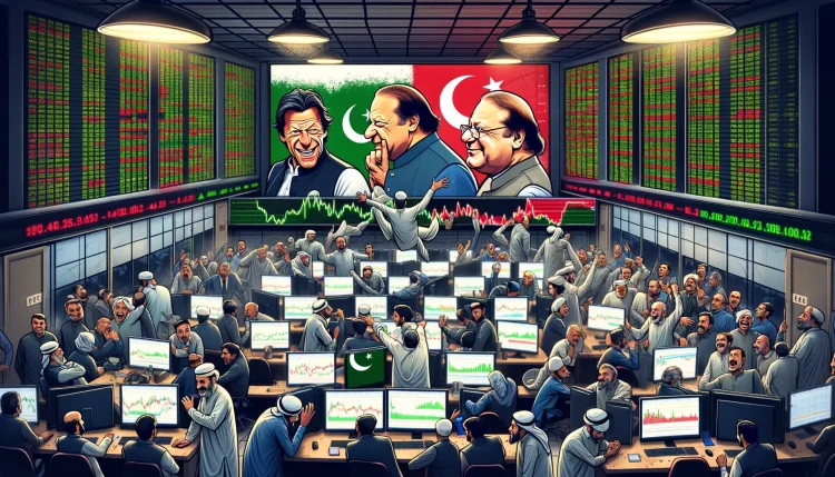 Here is the image depicting the Pakistan stock market as it is impacted by the 2024 Pakistan elections, featuring a representation of the competition between Imran Khan and the Nawaz Sharif family. The scene captures the atmosphere in a stock exchange room with reactions to the election's impact on the market.
