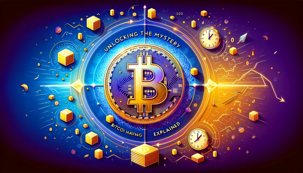 Vibrant and dynamic illustration you requested, featuring the Bitcoin symbol surrounded by halving-themed elements, with a beautiful gradient background transitioning from blue to gold. The text overlay "Unlocking the Mystery: Bitcoin Halving Explained"