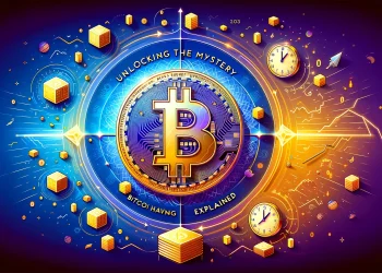 Vibrant and dynamic illustration you requested, featuring the Bitcoin symbol surrounded by halving-themed elements, with a beautiful gradient background transitioning from blue to gold. The text overlay "Unlocking the Mystery: Bitcoin Halving Explained"