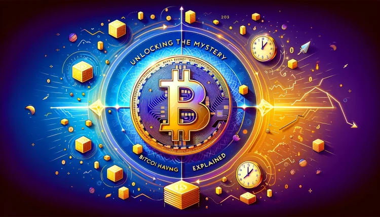Vibrant and dynamic illustration you requested, featuring the Bitcoin symbol surrounded by halving-themed elements, with a beautiful gradient background transitioning from blue to gold. The text overlay "Unlocking the Mystery: Bitcoin Halving Explained"