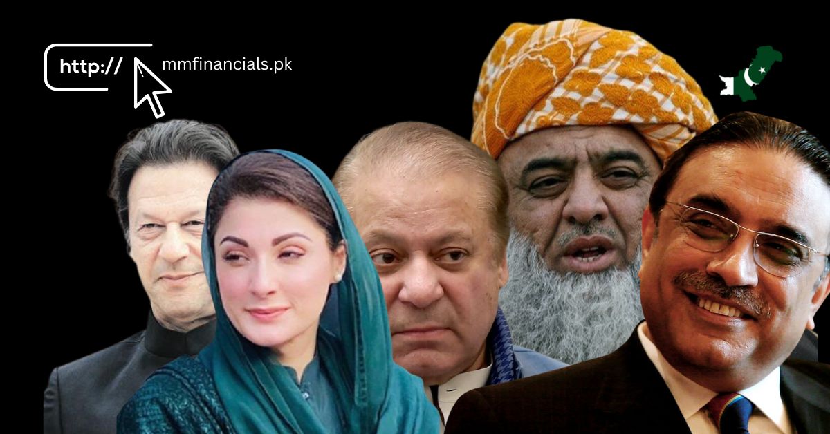 A comprehensive image displaying the key players involved in Pakistan General Elections 2024. Imran Khan, Maryam Nawaz, Shehbaz Sharif, Nawaz Sharif, Bilawal Bhutto Zardari, Asif Ali Zardari and Maulana Fazl-ur-Rehman.