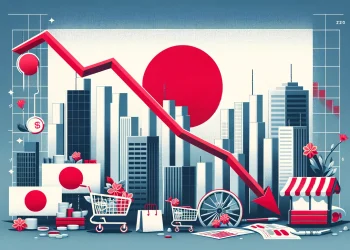 Image designed to visually communicate Japan's recent economic downturn and entry into recession. It incorporates elements like downward trending graphs, the national flag of Japan, and symbols representing economic distress, all set against a backdrop that subtly reflects the national colors. This image is crafted to convey the seriousness of Japan's economic situation while being informative for readers interested in global economic trends. 2024
