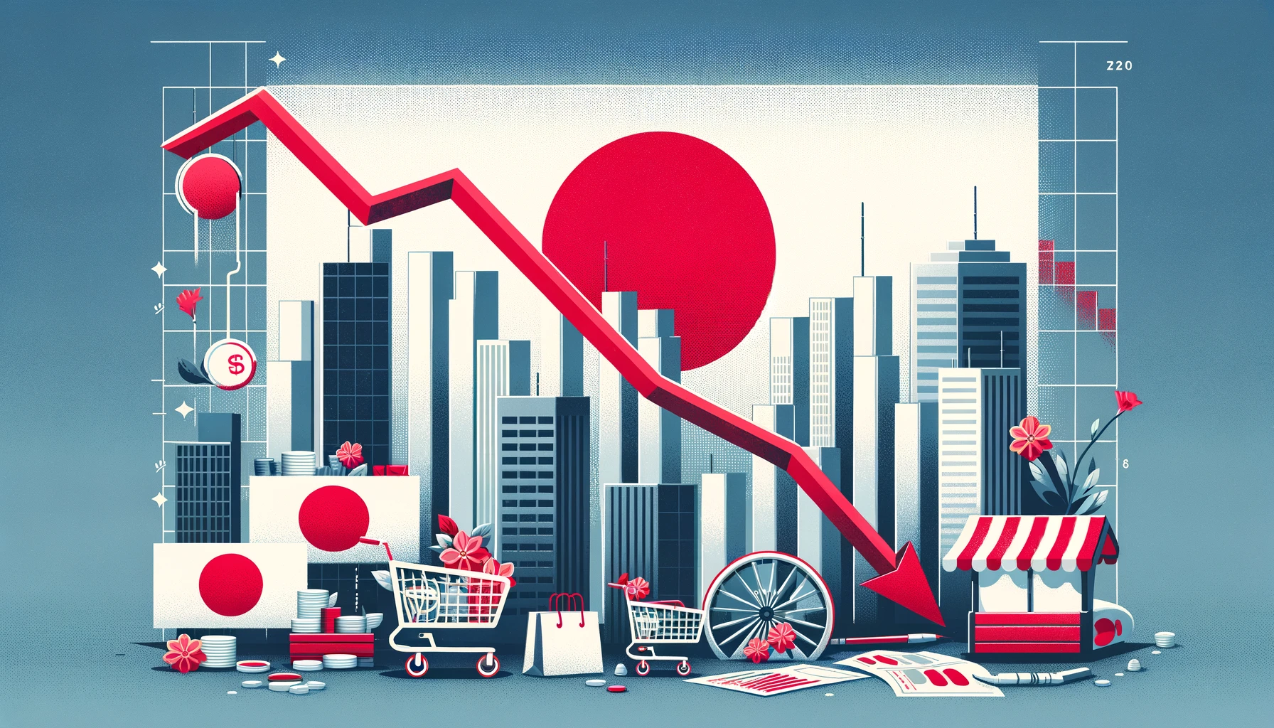 Image designed to visually communicate Japan's recent economic downturn and entry into recession. It incorporates elements like downward trending graphs, the national flag of Japan, and symbols representing economic distress, all set against a backdrop that subtly reflects the national colors. This image is crafted to convey the seriousness of Japan's economic situation while being informative for readers interested in global economic trends. 2024