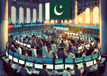 PSX PAKISTAN STOCK MARKET KSE100 FEATURED IMAGE DEPICTING A SCENE OF STOCK TRADING IN PAKISTAN AMID POLITICAL UNCERTAINTY