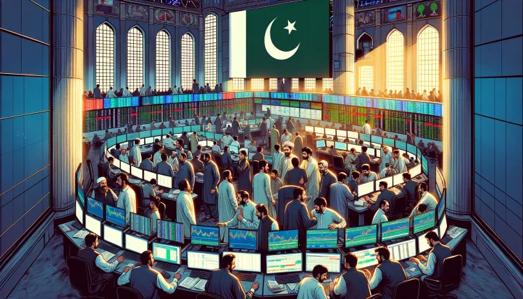 PSX PAKISTAN STOCK MARKET KSE100 FEATURED IMAGE DEPICTING A SCENE OF STOCK TRADING IN PAKISTAN AMID POLITICAL UNCERTAINTY