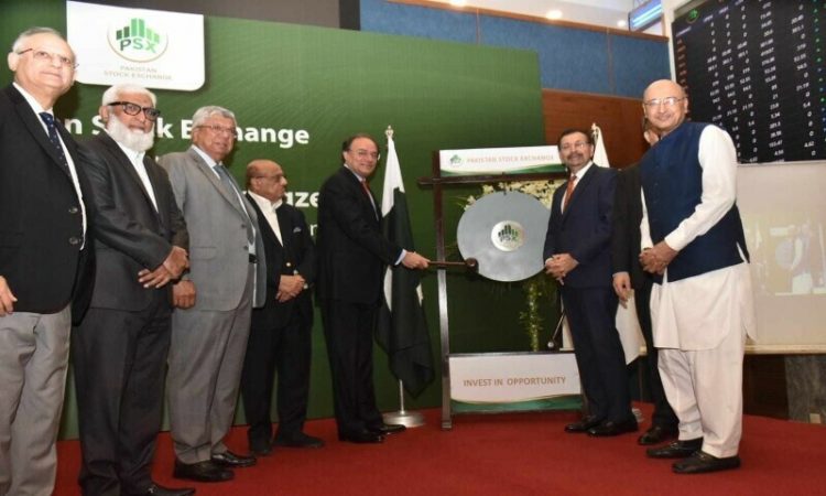 Finance Minister Muhammad Aurangzeb at the PSX Gong ceremony