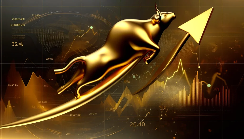 GOLD PRICES REPRESENTED WITH A GOLDEN BULL ON AN UPWARD TRAJECTORY AGAINST A BACKDROP OF FINANCIAL GROWTH ELEMENTS. THIS VISUAL IS DESIGNED TO EMPHASIZE THE LUXURY AND VALUE OF GOLD