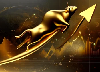 GOLD PRICES REPRESENTED WITH A GOLDEN BULL ON AN UPWARD TRAJECTORY AGAINST A BACKDROP OF FINANCIAL GROWTH ELEMENTS. THIS VISUAL IS DESIGNED TO EMPHASIZE THE LUXURY AND VALUE OF GOLD