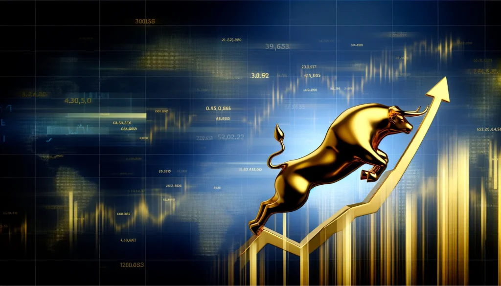 GOLD PRICES REPRESENTED WITH A GOLDEN BULL ON AN UPWARD TRAJECTORY AGAINST A BACKDROP OF FINANCIAL GROWTH ELEMENTS. THIS VISUAL IS DESIGNED TO EMPHASIZE THE LUXURY AND VALUE OF GOLD