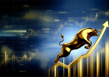GOLD PRICES REPRESENTED WITH A GOLDEN BULL ON AN UPWARD TRAJECTORY AGAINST A BACKDROP OF FINANCIAL GROWTH ELEMENTS. THIS VISUAL IS DESIGNED TO EMPHASIZE THE LUXURY AND VALUE OF GOLD