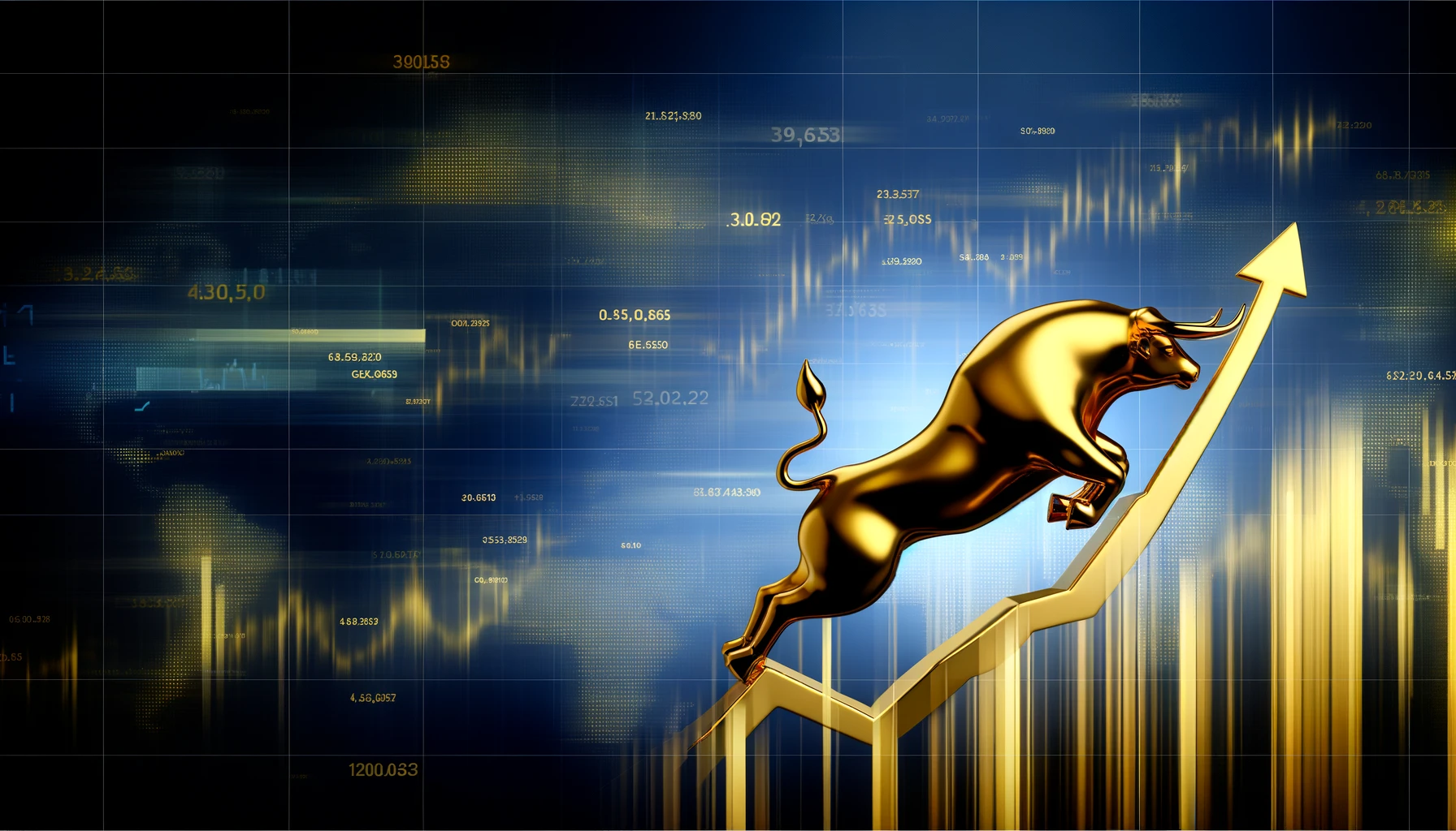 GOLD PRICES REPRESENTED WITH A GOLDEN BULL ON AN UPWARD TRAJECTORY AGAINST A BACKDROP OF FINANCIAL GROWTH ELEMENTS. THIS VISUAL IS DESIGNED TO EMPHASIZE THE LUXURY AND VALUE OF GOLD