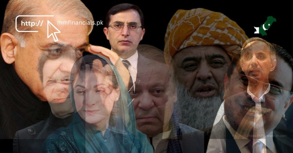 IMAGE FEATURING POLITICIALS ON PAKISTAN INCLUDING IMRAN KHAN, NAWAZ SHARIF, MARYAM NAWAZ, SHEHBAZ SHARIF, BARIISTER GOHAR KHAN, ASIF ALI ZARDARI, MAULANA FAZL-UR-REHMAN AND OMAR AYUB