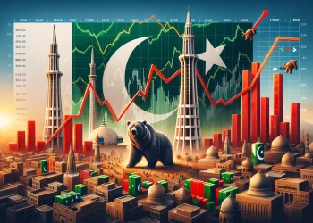Pakistan's stock market entering a bearish phase. The image symbolises a shift from a period of growth to a downturn, integrating financial imagery and cultural symbols to convey the market's changing dynamics.