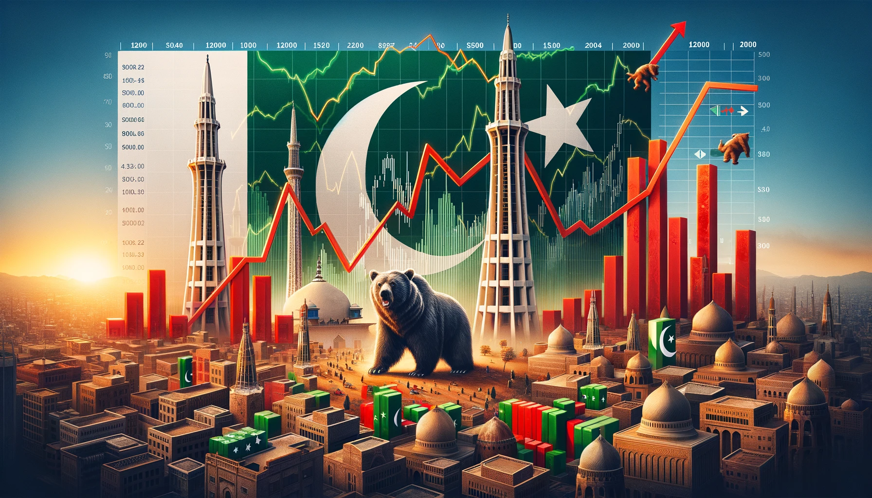 Pakistan's stock market entering a bearish phase. The image symbolises a shift from a period of growth to a downturn, integrating financial imagery and cultural symbols to convey the market's changing dynamics.