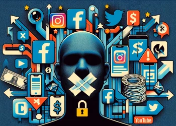 This image visually encapsulates the economic and informational impacts of social media disruptions in Pakistan, incorporating elements that represent social media, economic downturn, and censorship within a digital context.
