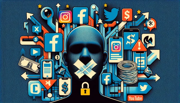 This image visually encapsulates the economic and informational impacts of social media disruptions in Pakistan, incorporating elements that represent social media, economic downturn, and censorship within a digital context.