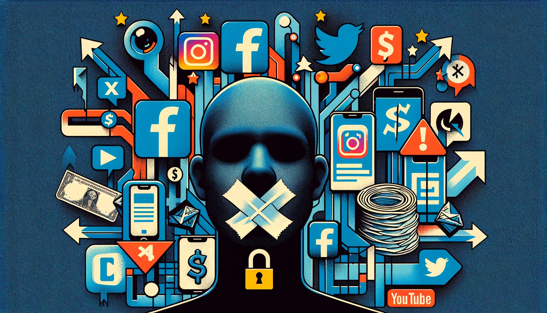 This image visually encapsulates the economic and informational impacts of social media disruptions in Pakistan, incorporating elements that represent social media, economic downturn, and censorship within a digital context.