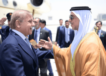 PM Shehbaz Sharif is greeted by UAE Vice President and Deputy PM Sheikh Mansour bin Zayed Al Nahyan as he arrives in Abu Dhabi on May 23. — PID