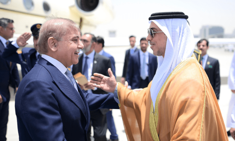 PM Shehbaz Sharif is greeted by UAE Vice President and Deputy PM Sheikh Mansour bin Zayed Al Nahyan as he arrives in Abu Dhabi on May 23. — PID